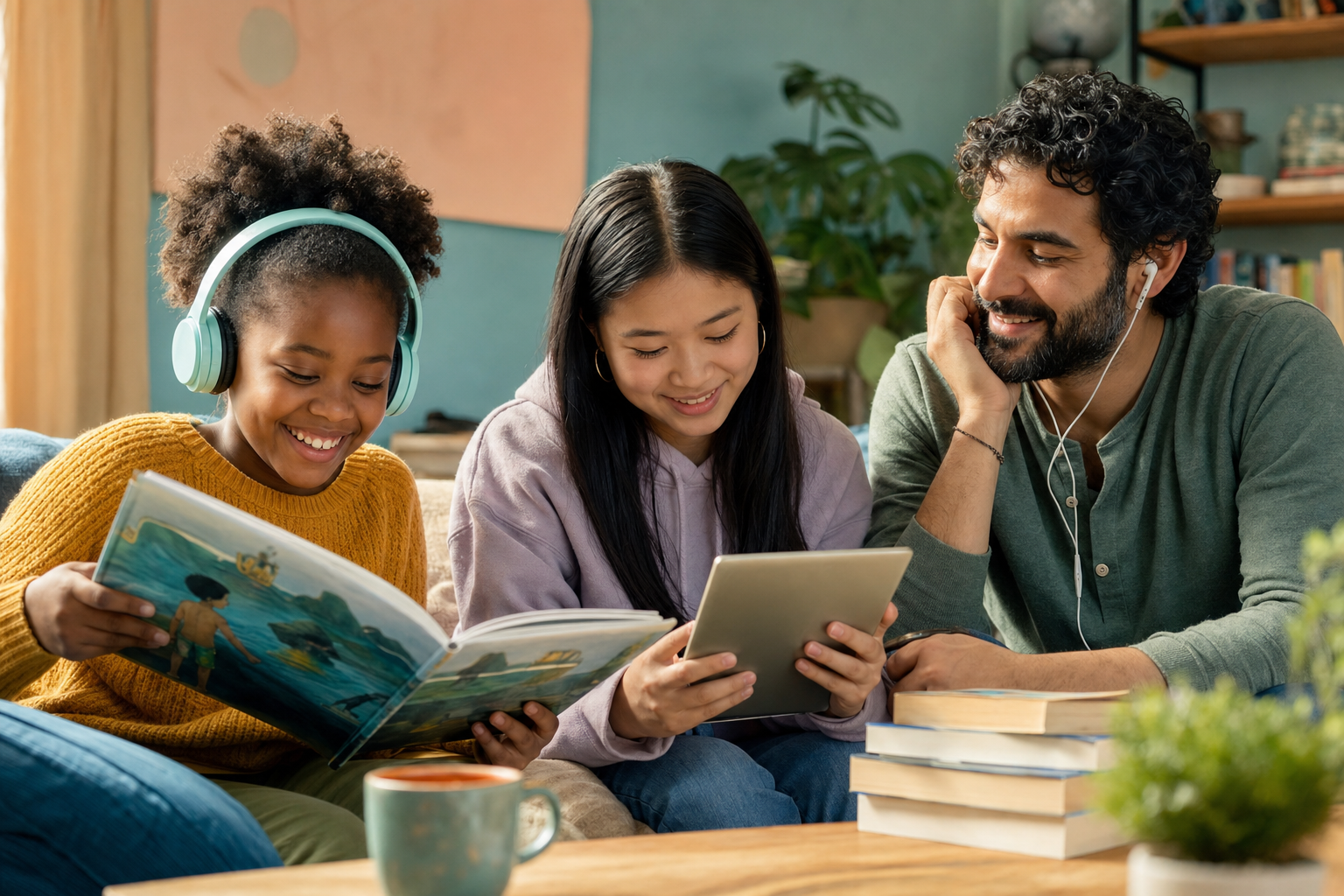 People of different ages and backgrounds reading and listening together