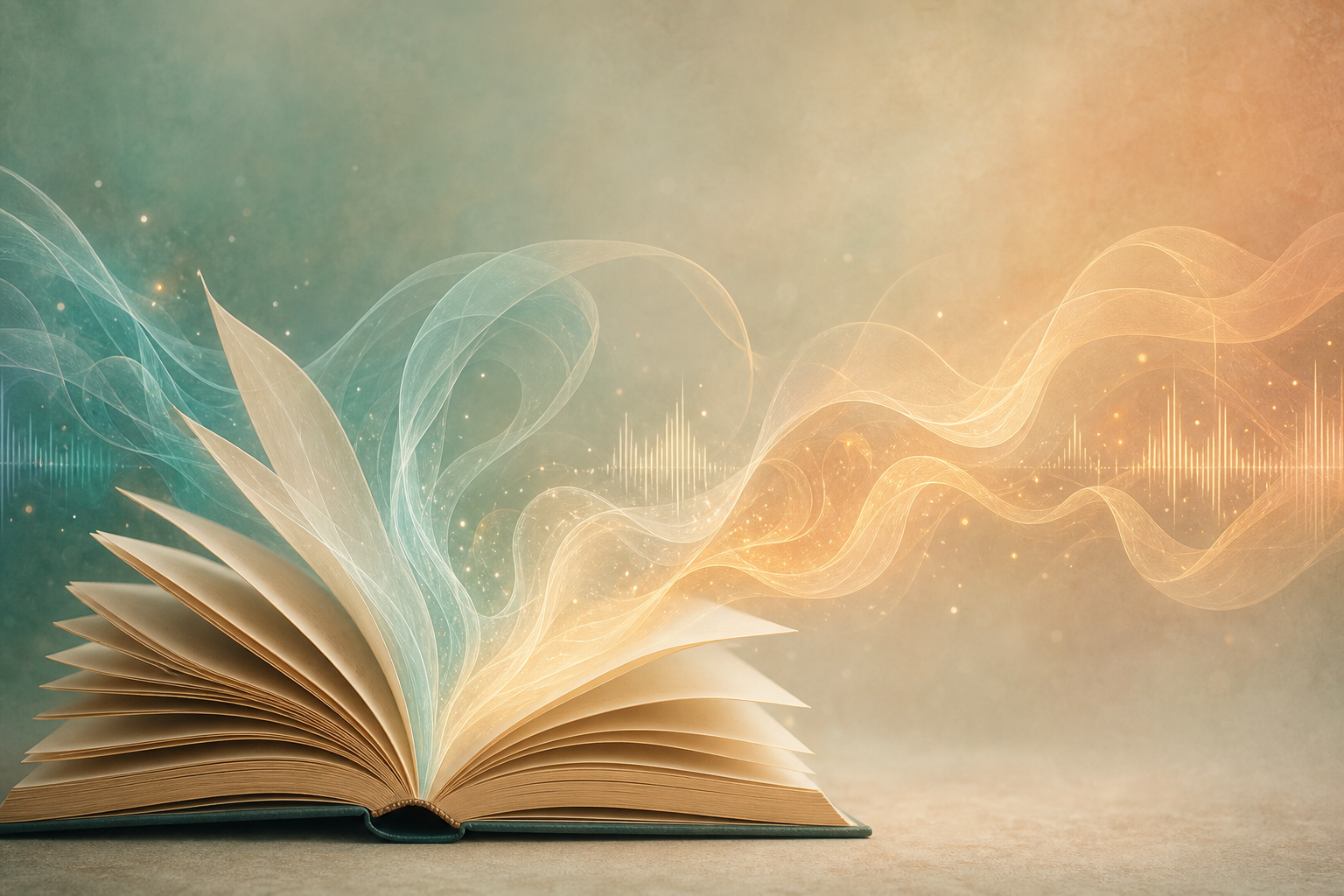 An open book with flowing sound-wave ribbons rising from its pages